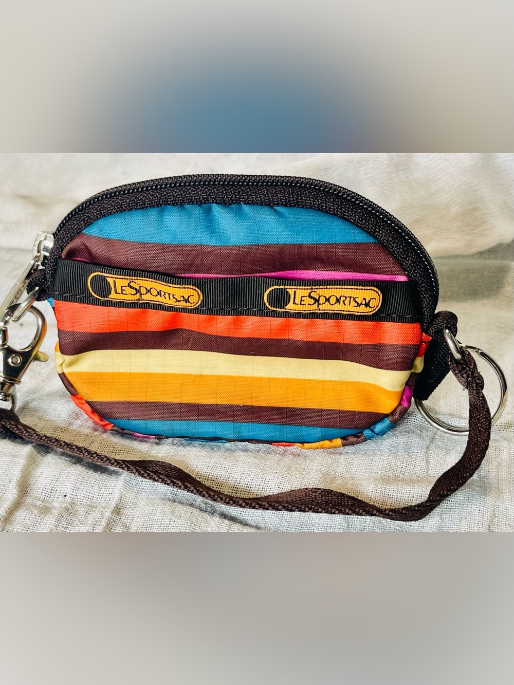 LeSportsac Mini Oval Coin Pouch Keychain Wristlet Charm Multicolor Striped Nylon
